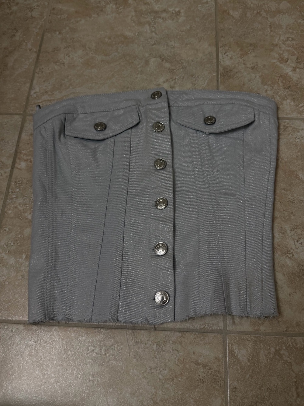 Zara Silver Metallic Denim Corset Top Strapless Button Up